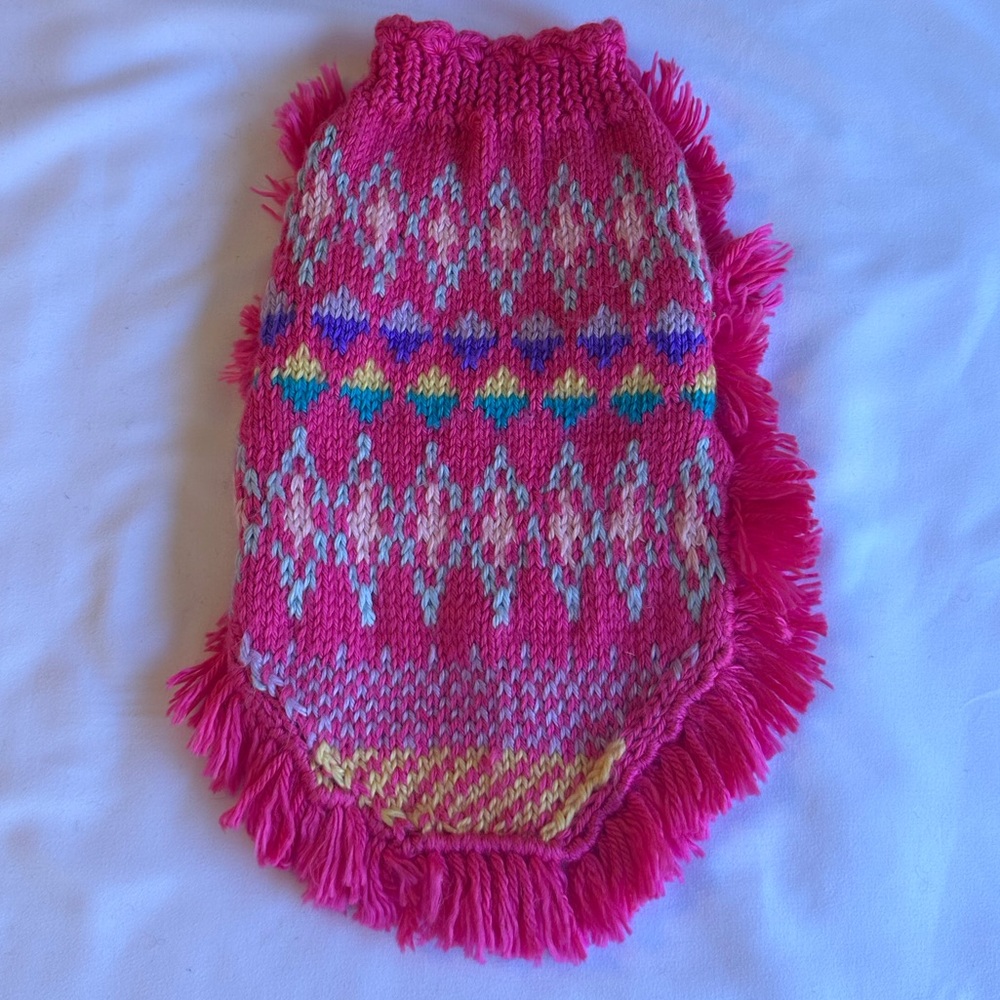 Made in USA. Hand knitted pet poncho. Size M.
